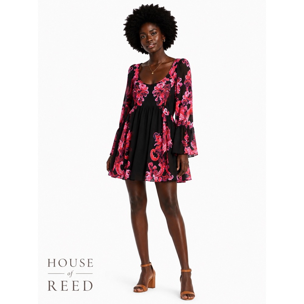 Free People Intimately Pink Red Floral Bell Sleeve Mini Dress Small OB86170